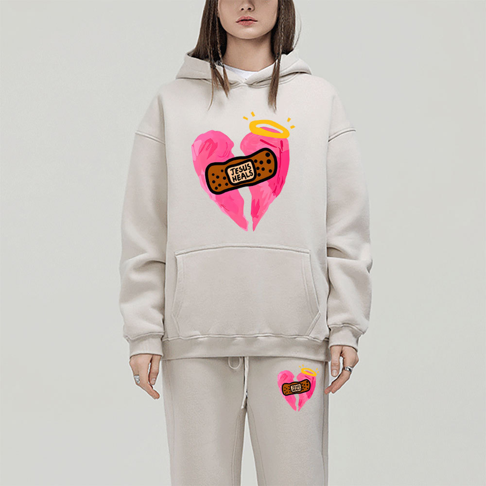 Jesus Heals Pink Heart Christian Fleece Hoodie Set