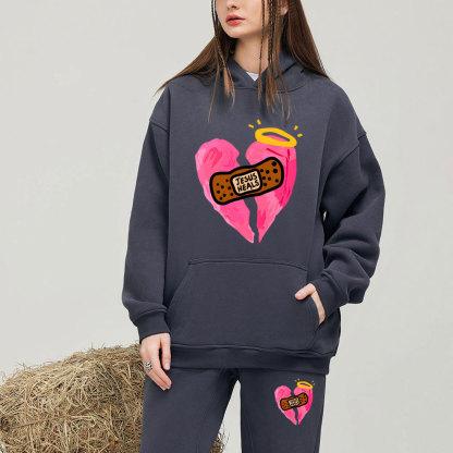 Jesus Heals Pink Heart Christian Fleece Hoodie Set