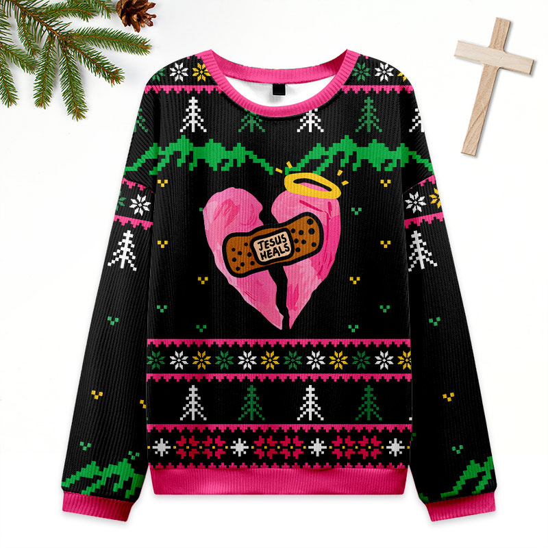 Jesus Heals Pink Heart Christian Ugly Christmas Sweatshirt