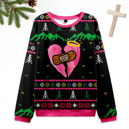 Jesus Heals Pink Heart Christian Ugly Christmas Sweatshirt