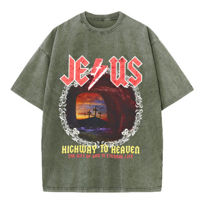 Jesus Hichway To Heaven Chirstian Washed T-Shirt