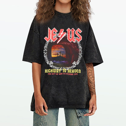 Jesus Hichway To Heaven Chirstian Washed T-Shirt