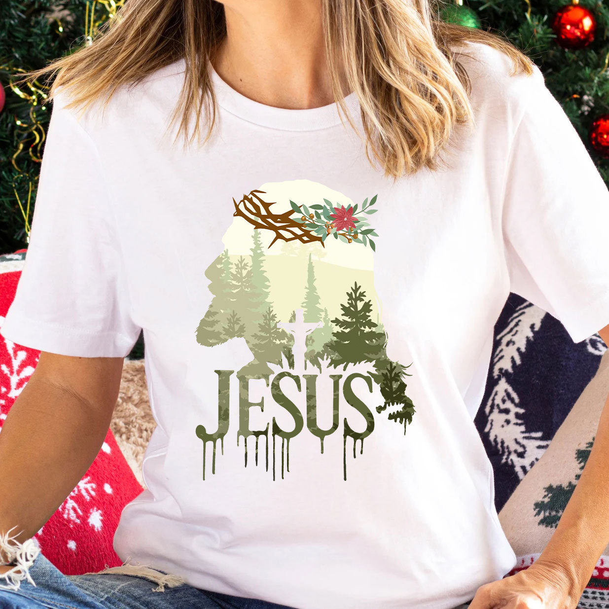 Jesus In Forest Christian Christmas T-Shirt