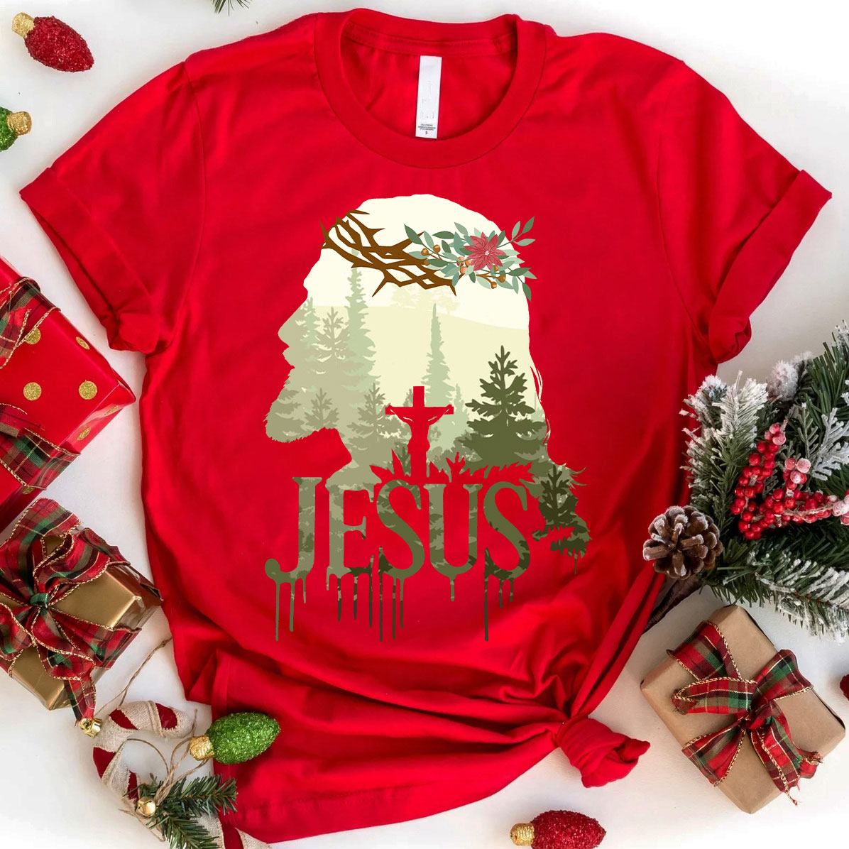 Jesus In Forest Christian Christmas T-Shirt