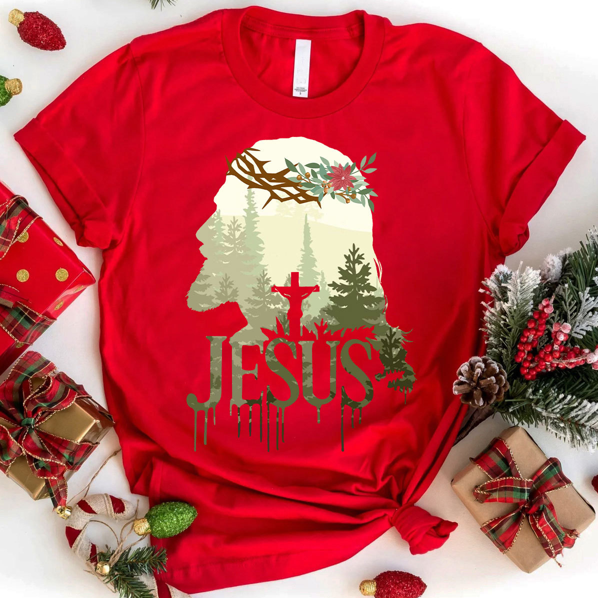 Jesus In Forest Christian Christmas T-Shirt