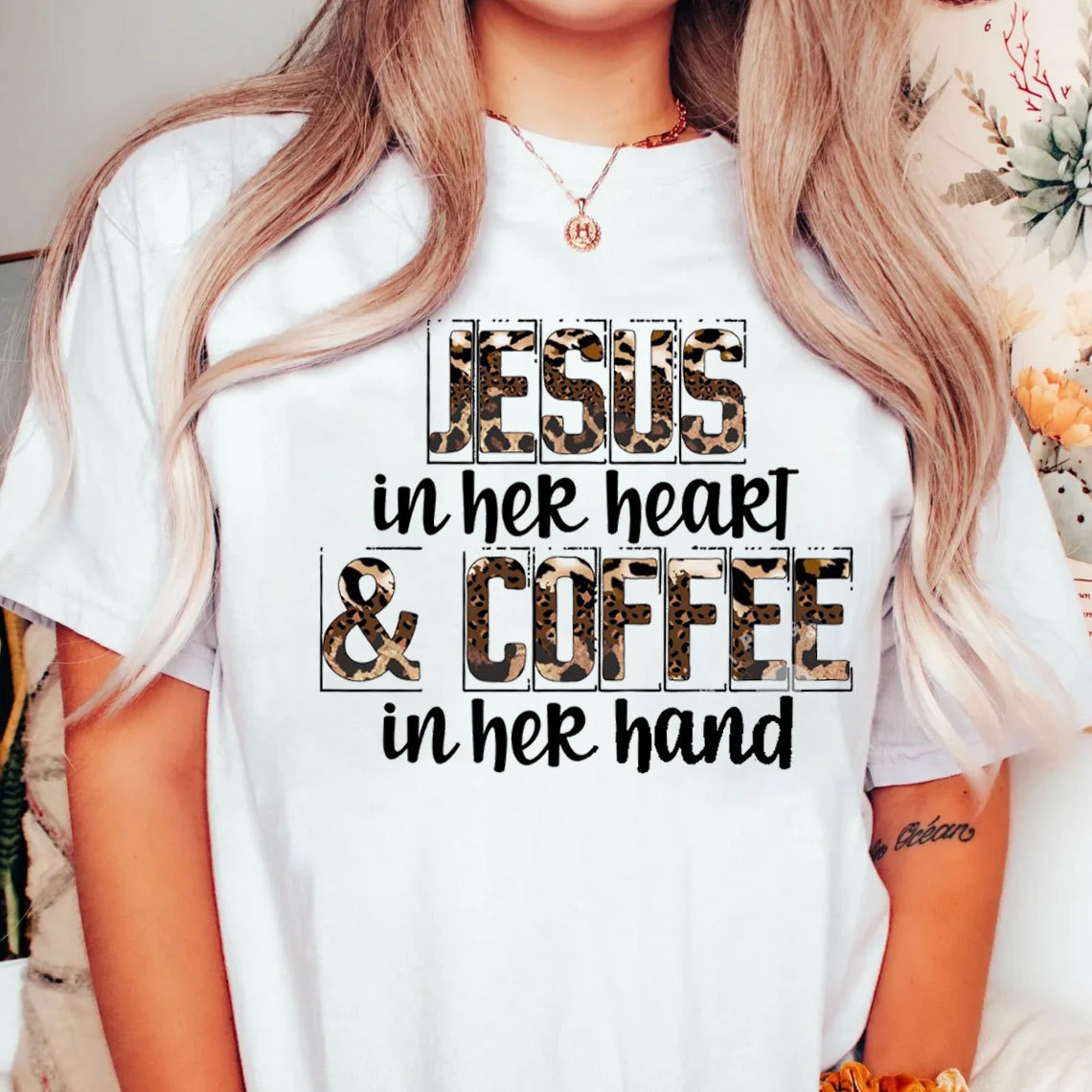 Jesus In Her Heart And Coffee In Her Hand Christian T-Shirt