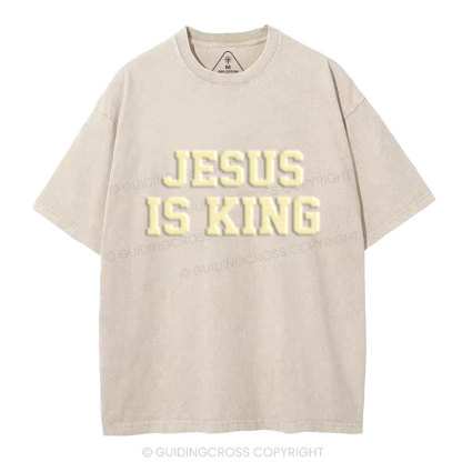 Jesus Is King Christian Puff Printed Washed T-Shirt