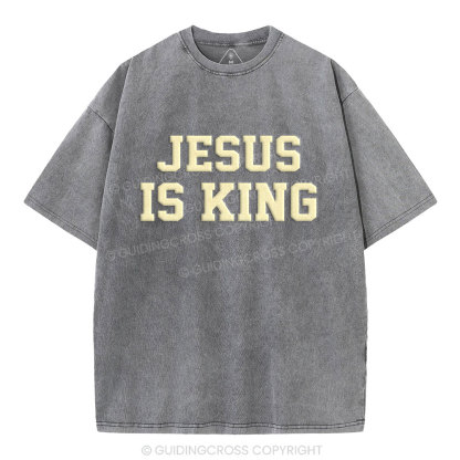 Jesus Is King Christian Puff Printed Washed T-Shirt