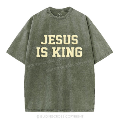 Jesus Is King Christian Puff Printed Washed T-Shirt