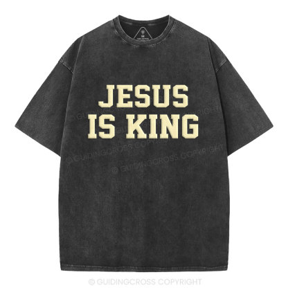 Jesus Is King Christian Puff Printed Washed T-Shirt