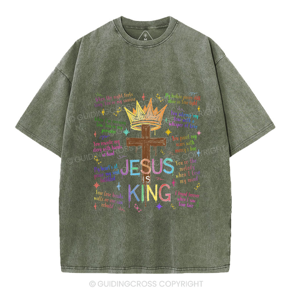 Jesus Is King Crown Cross  Christian Washed T-Shirt