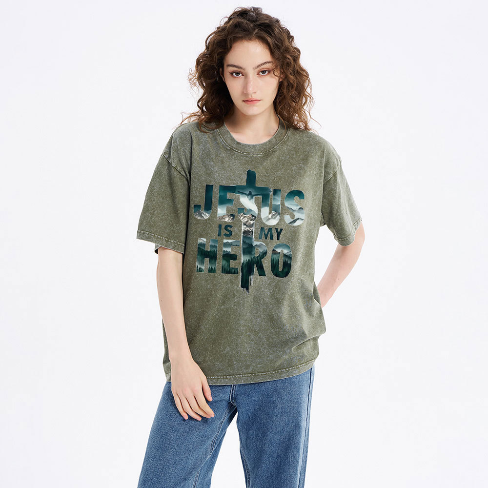 Jesus Is My Hero Christian Washed T-Shirt
