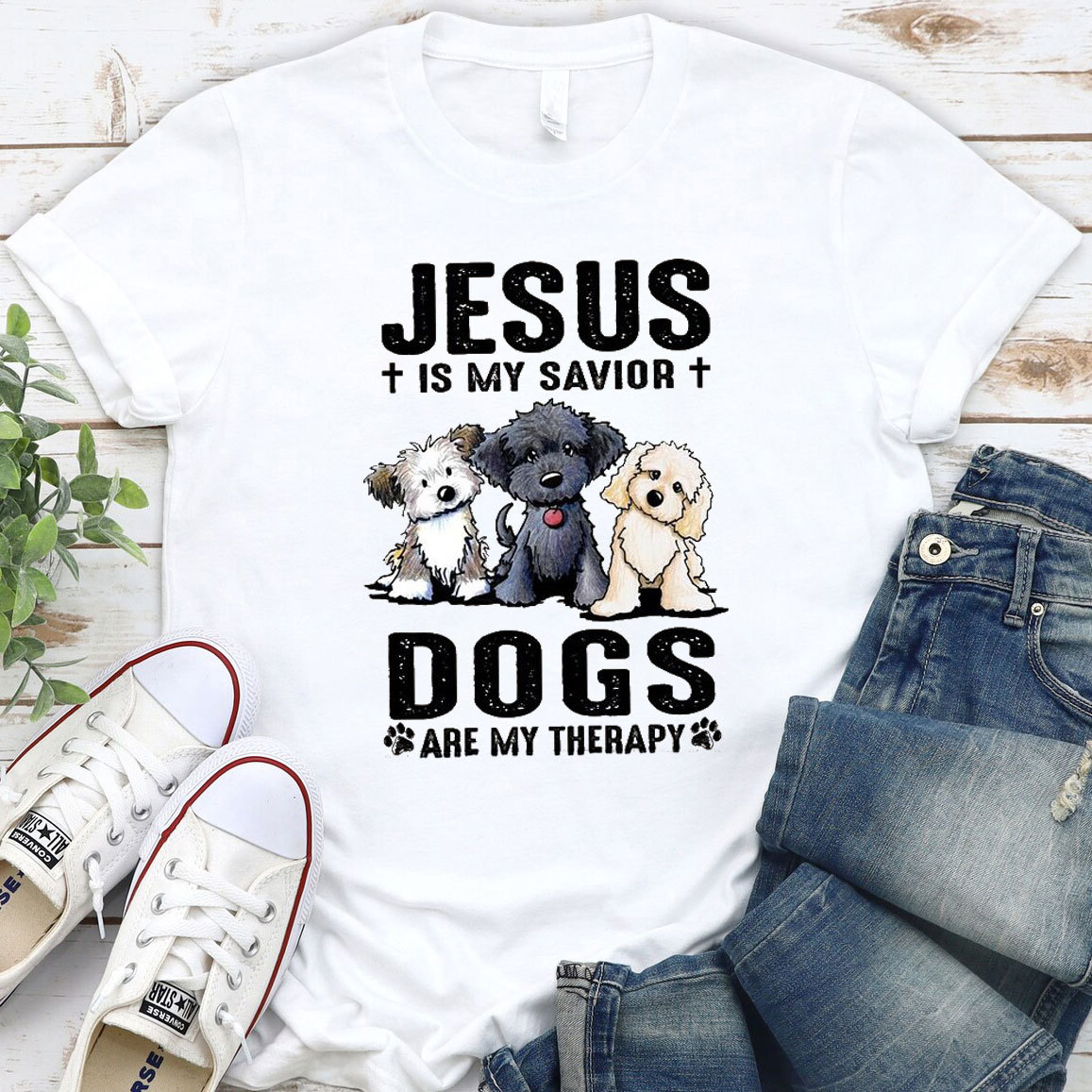 Jesus Is My Savior Dogs Are My Therapy Christian T-Shirt