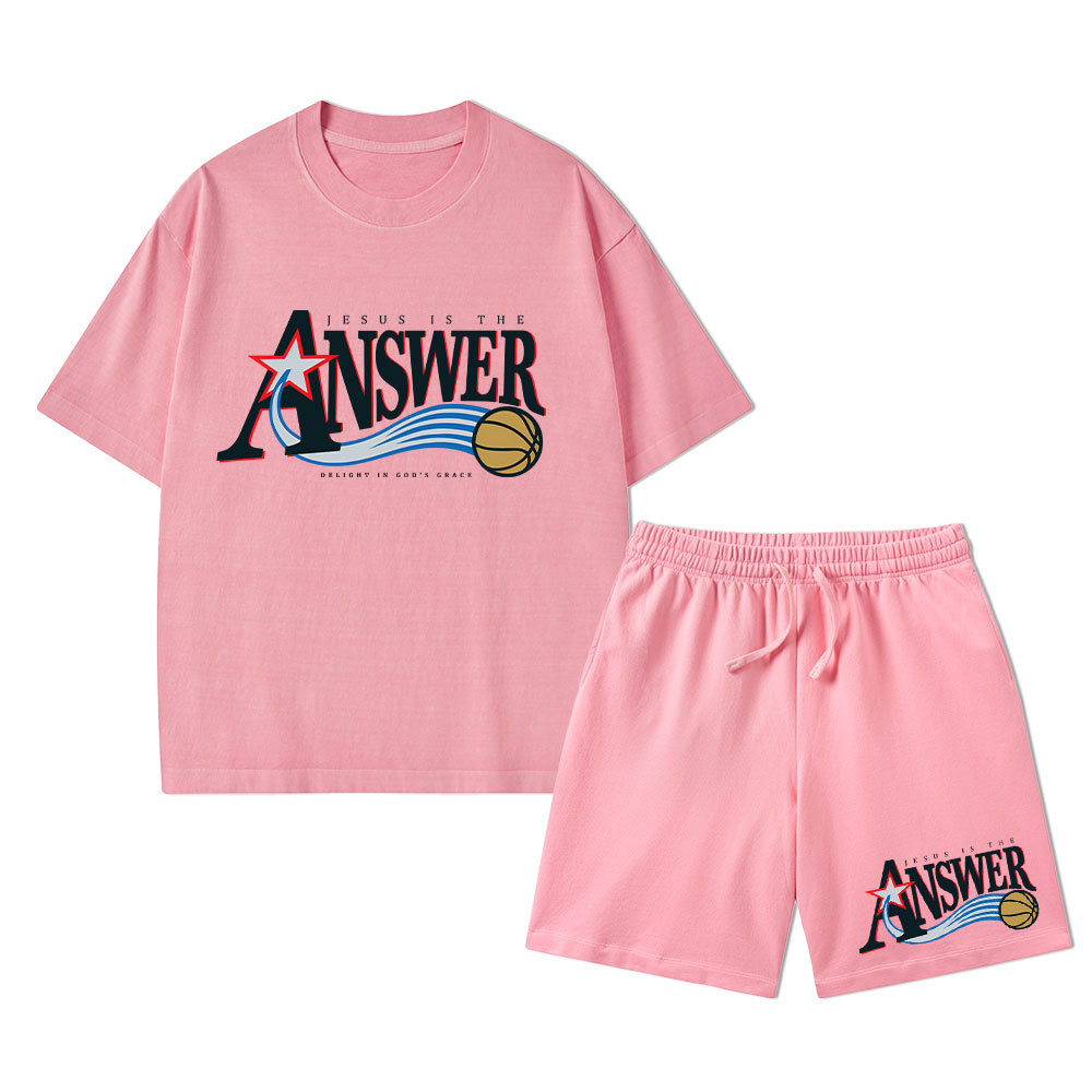 Jesus Is The Answer Christian Washed T-Shirt & Shorts 