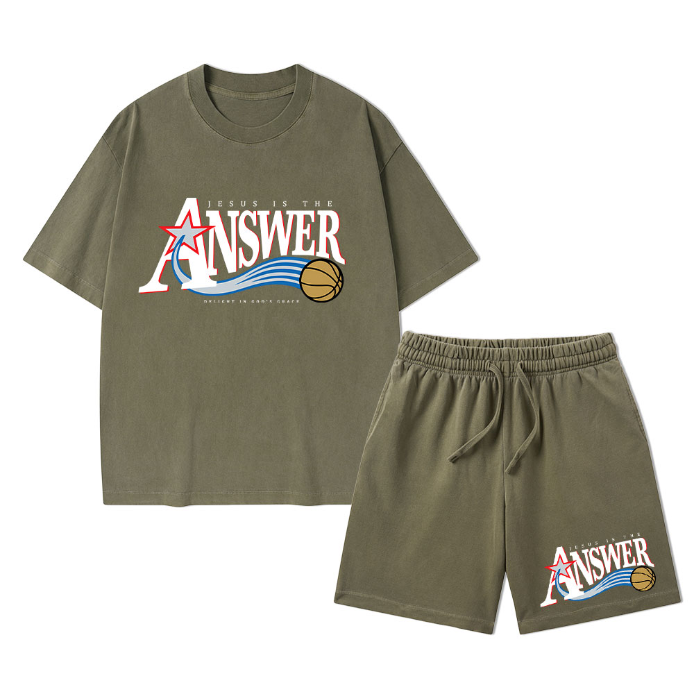Jesus Is The Answer Christian Washed T-Shirt & Shorts 
