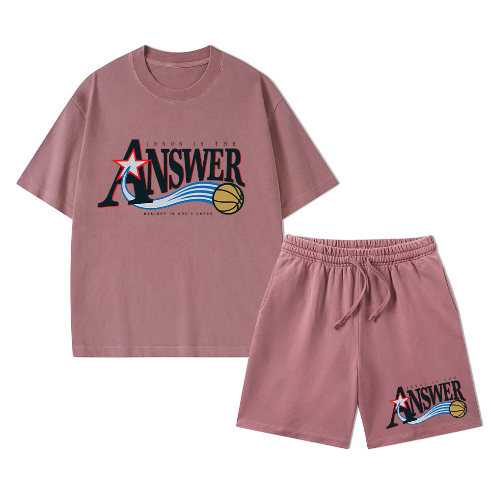 Jesus Is The Answer Christian Washed T-Shirt & Shorts 