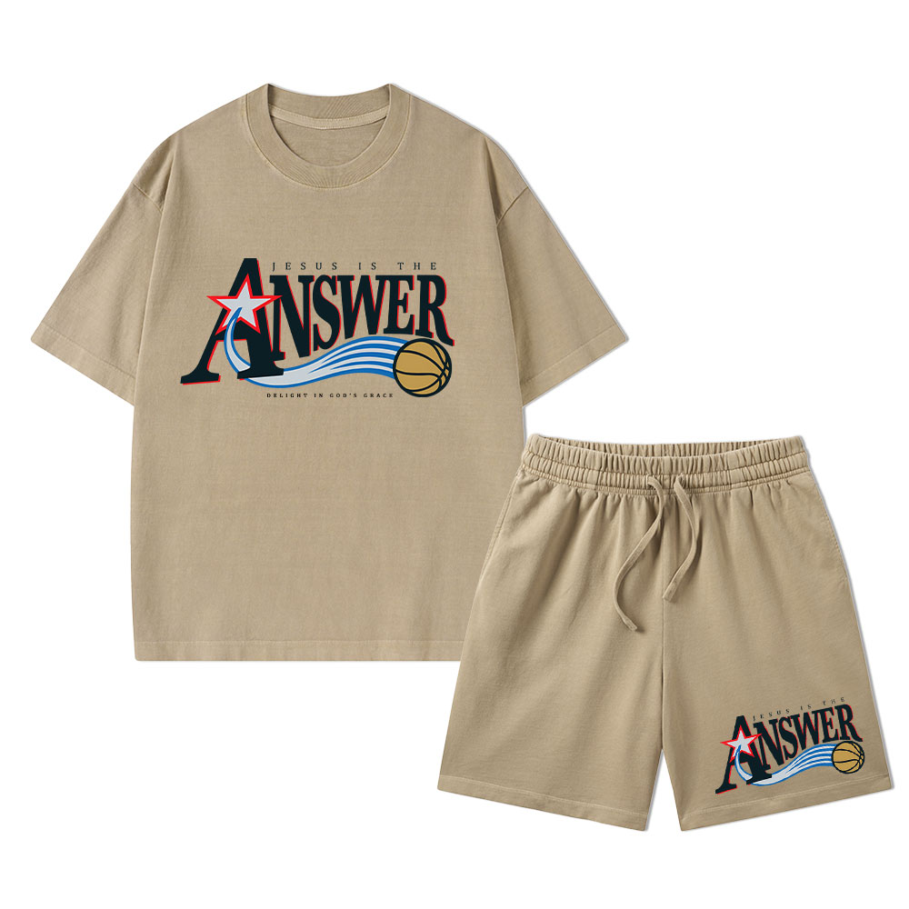 Jesus Is The Answer Christian Washed T-Shirt & Shorts 