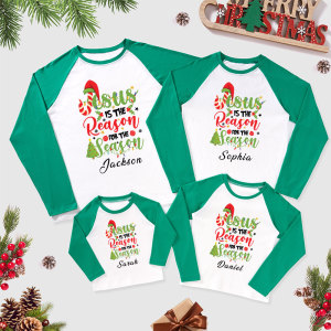 Image of Personalized Jesus Is The Reason For The Season Christmas Family Raglan Long Sleeve T-Shirt