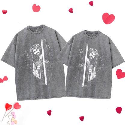 Jesus Love Christian Couple Washed T-Shirt