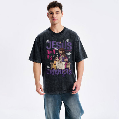 Jesus Loves Children Christian Washed T-Shirt
