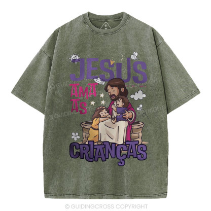 Jesus Loves Children Christian Washed T-Shirt