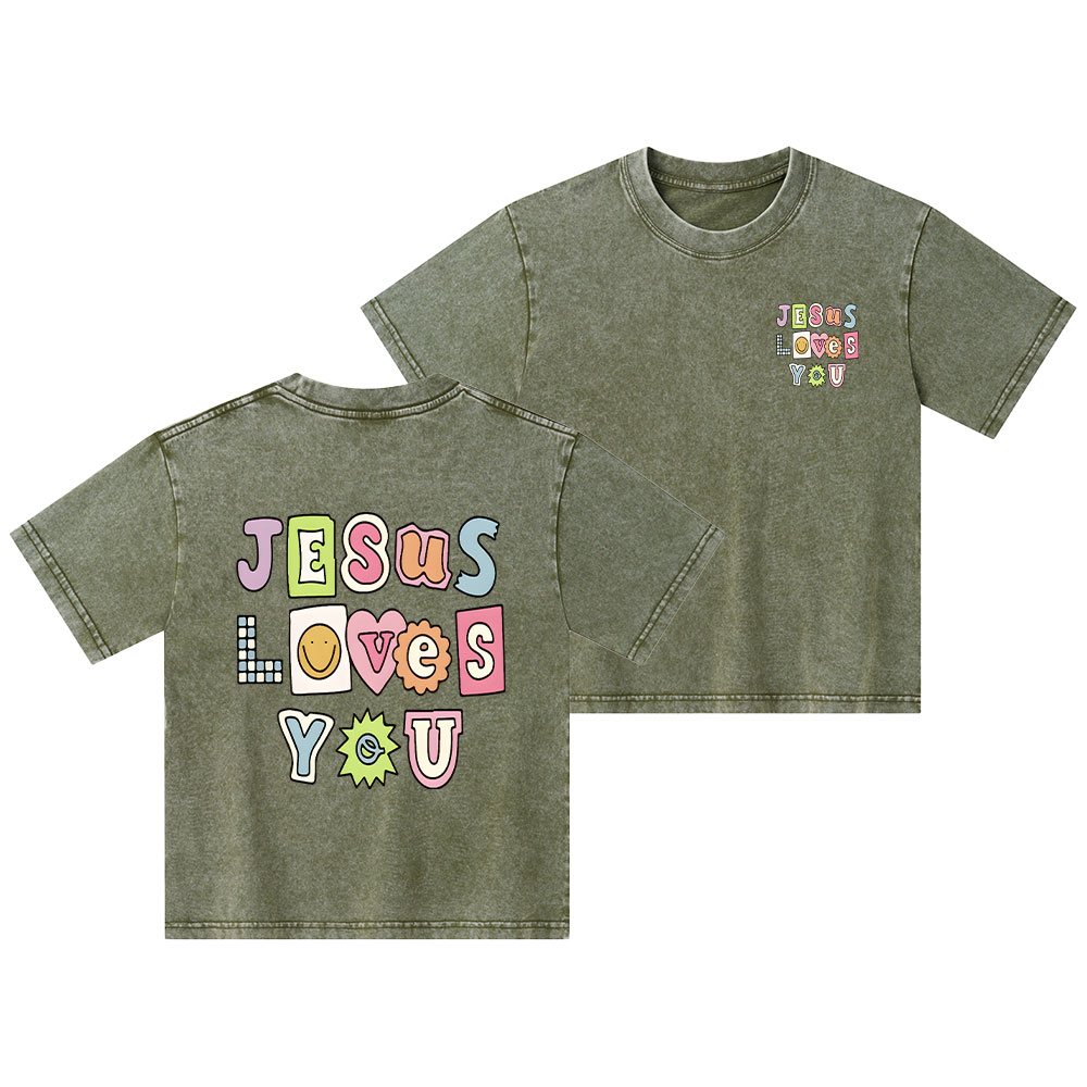 Jesus Loves God Christian Kid Washed T-Shirt