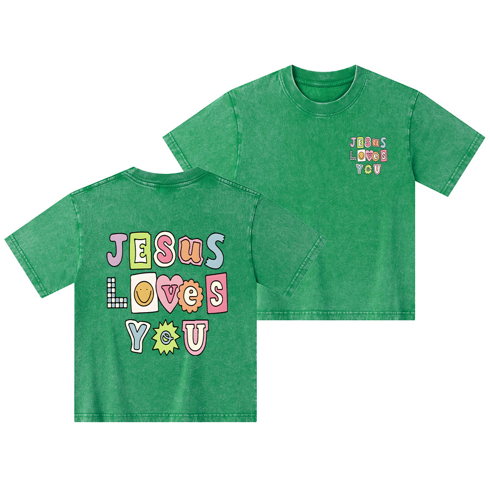 Jesus Loves God Christian Kid Washed T-Shirt
