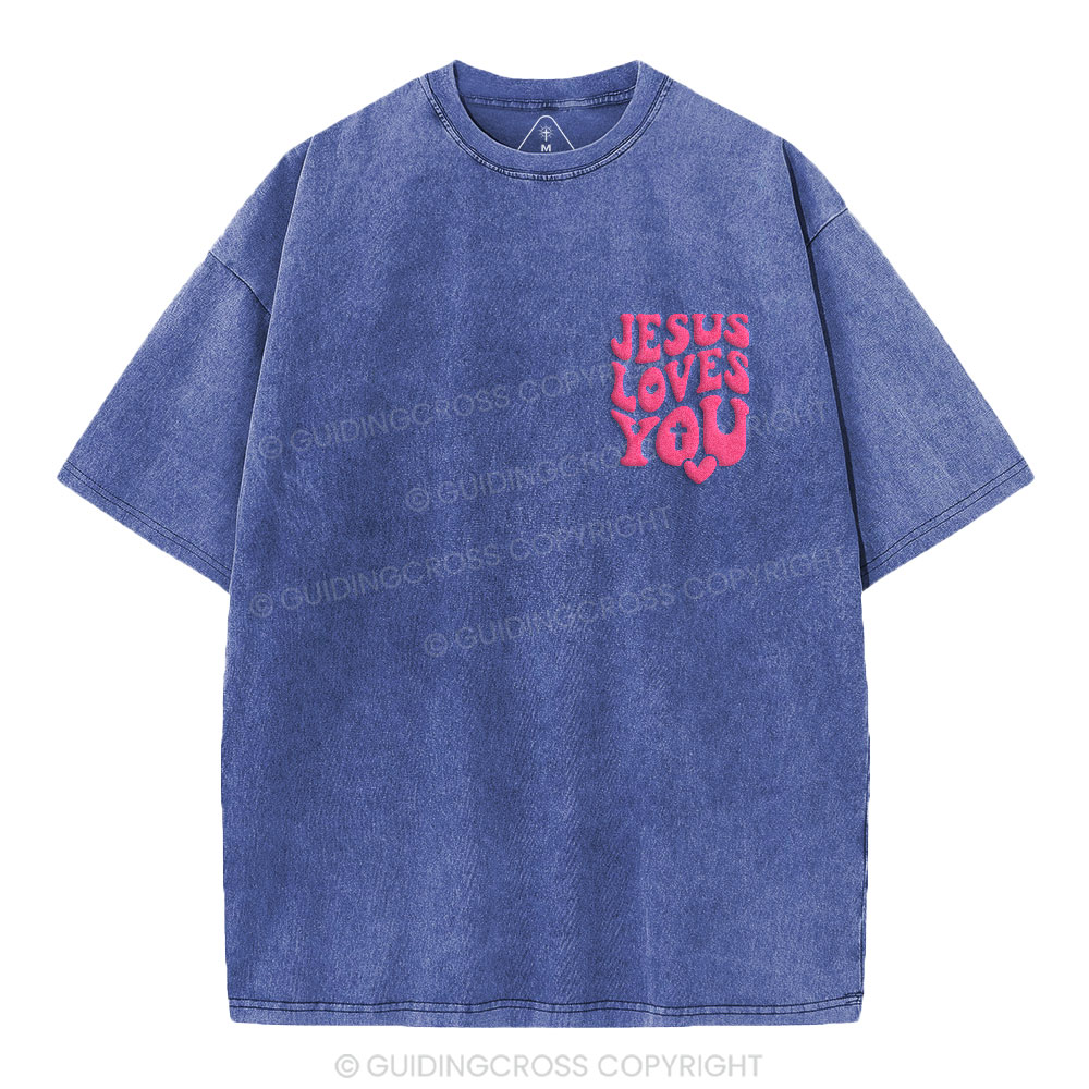 Jesus Loves You Christian Puff Printed Washed T-Shirt