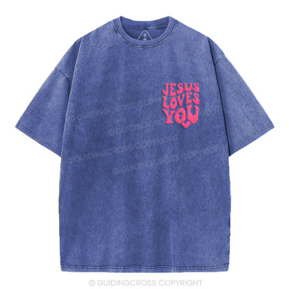 Jesus Loves You Christian Puff Printed Washed T-Shirt
