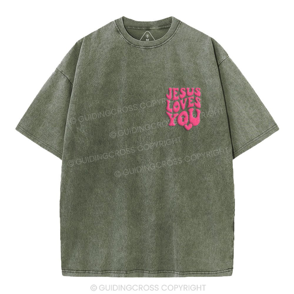 Jesus Loves You Christian Puff Printed Washed T-Shirt