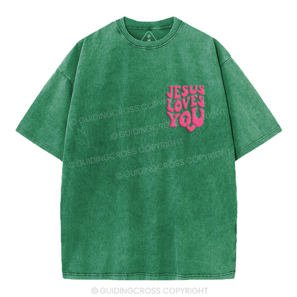 Jesus Loves You Christian Puff Printed Washed T-Shirt