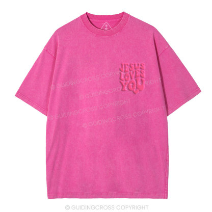 Jesus Loves You Christian Puff Printed Washed T-Shirt