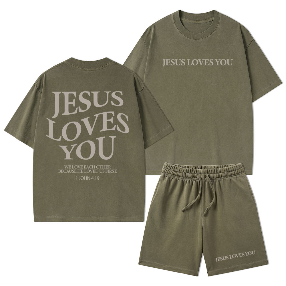 Jesus Loves You Christian Washed T-Shirt & Shorts