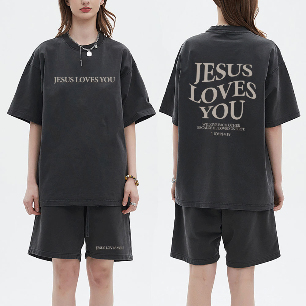 Jesus Loves You Christian Washed T-Shirt & Shorts