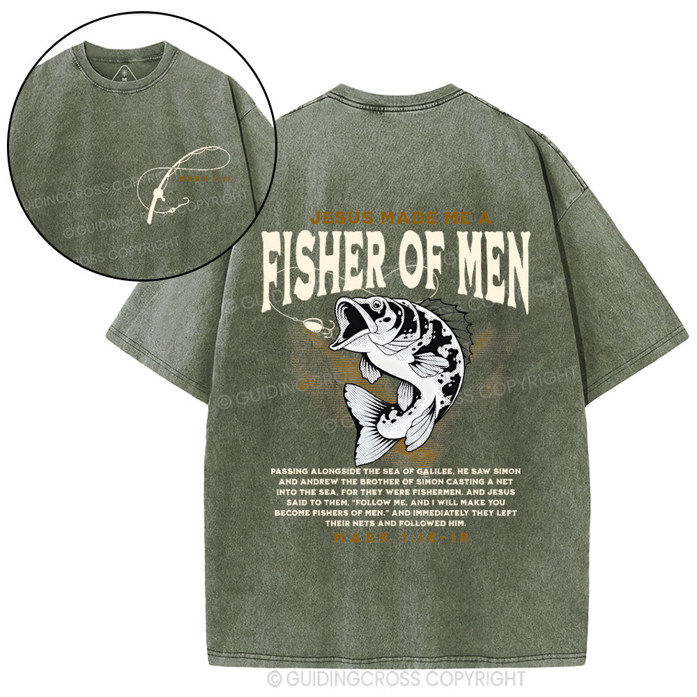 Jesus Made Me Fish Of Men Christian Washed T-Shirt