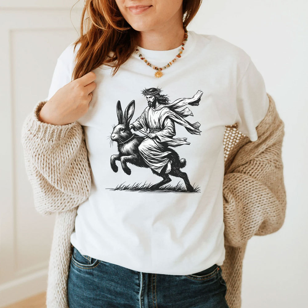 Jesus Riding Easter Bunny Funny Christian T-Shirt