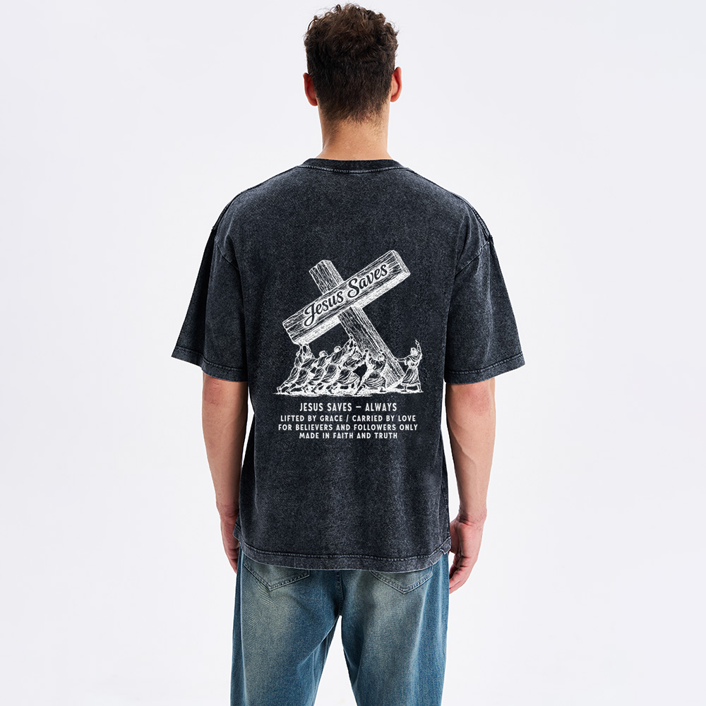 Jesus Saves Always Christian Washed T-Shirt