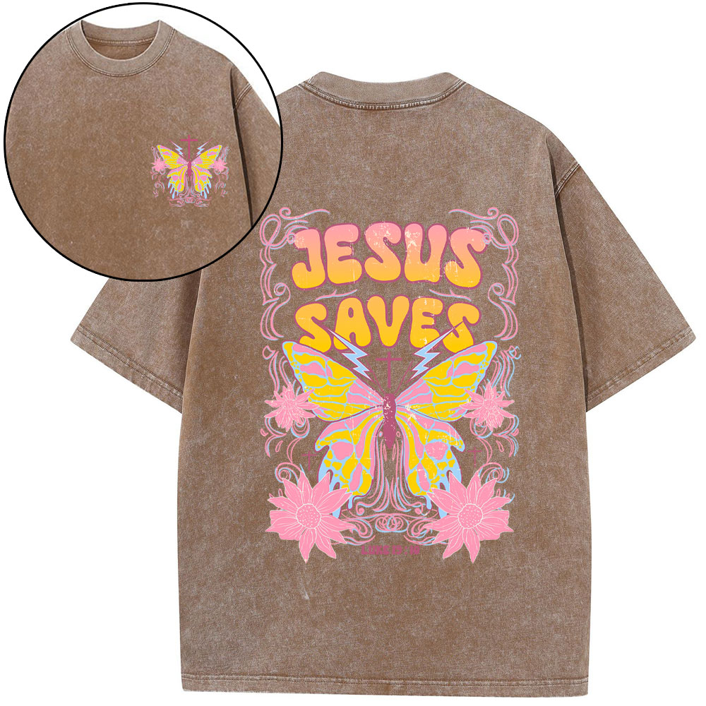 Jesus Saves Butterfly Retro Christian Washed T-Shirt