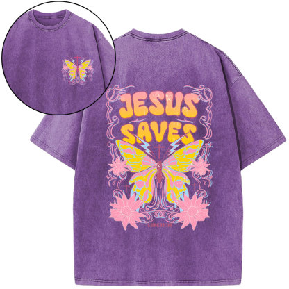 Jesus Saves Butterfly Retro Christian Washed T-Shirt