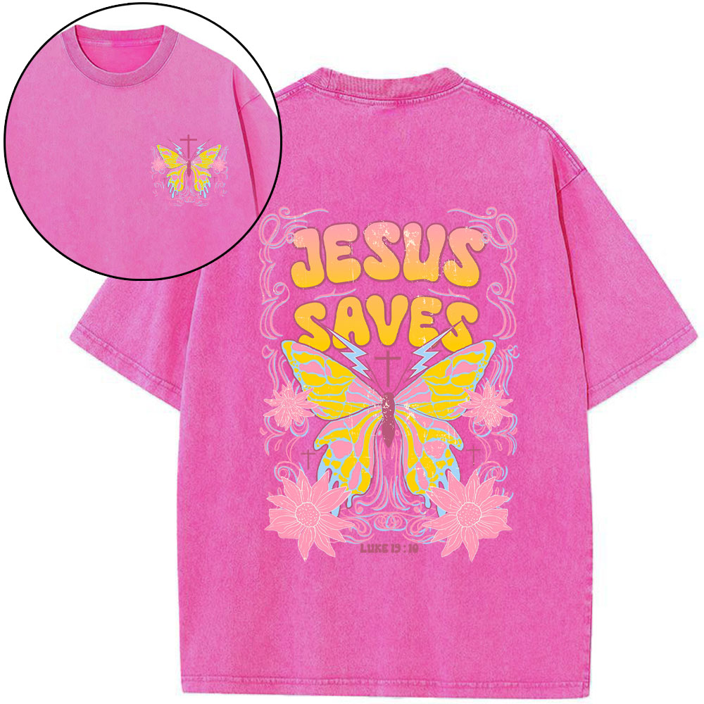 Jesus Saves Butterfly Retro Christian Washed T-Shirt