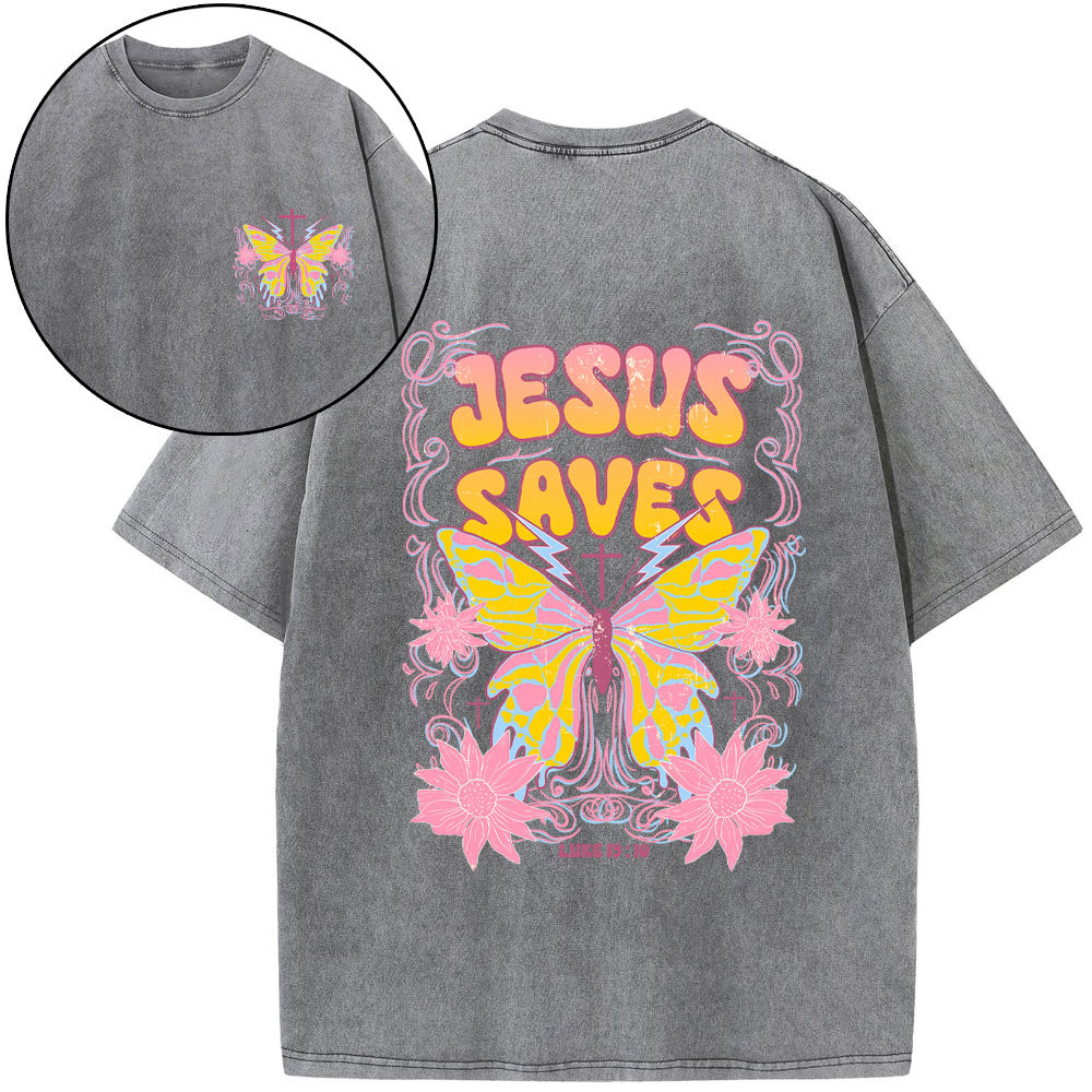 Jesus Saves Butterfly Retro Christian Washed T-Shirt