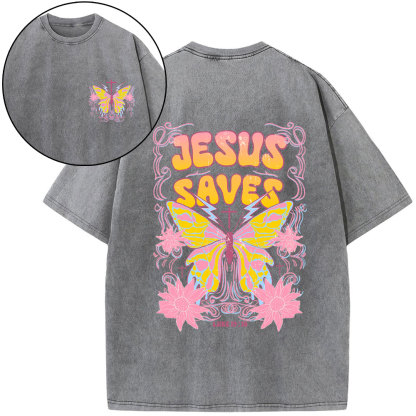 Jesus Saves Butterfly Retro Christian Washed T-Shirt