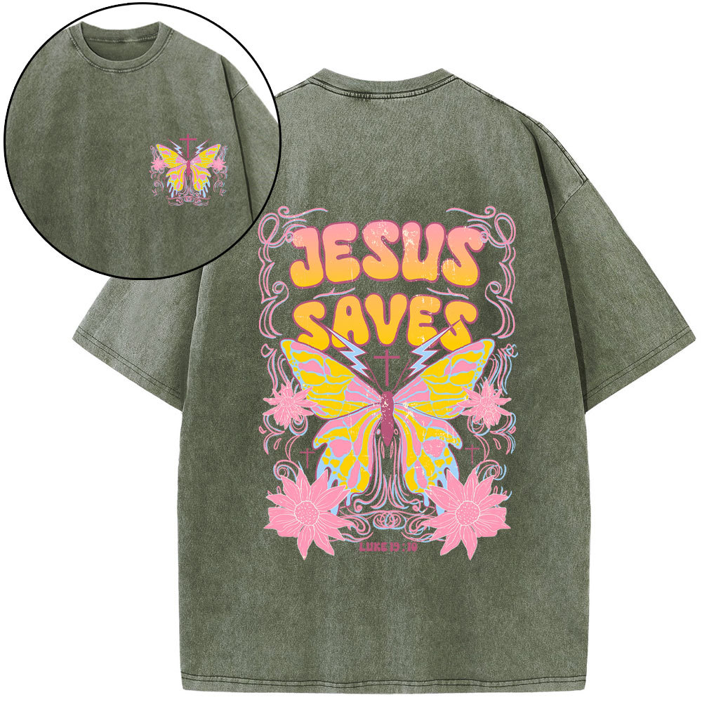 Jesus Saves Butterfly Retro Christian Washed T-Shirt