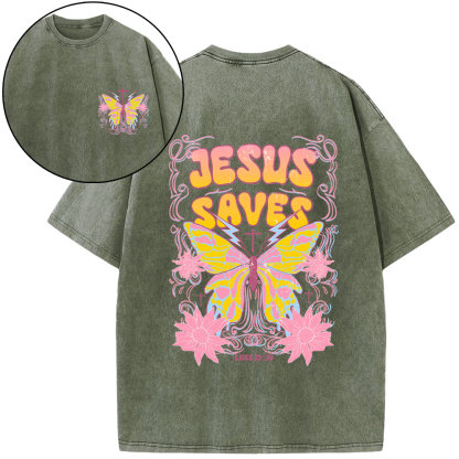 Jesus Saves Butterfly Retro Christian Washed T-Shirt