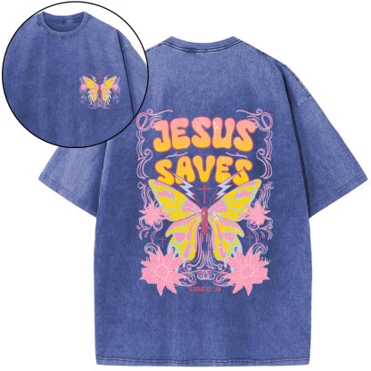 Jesus Saves Butterfly Retro Christian Washed T-Shirt