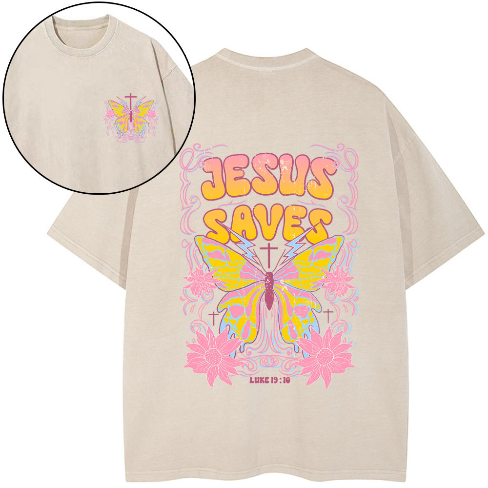 Jesus Saves Butterfly Retro Christian Washed T-Shirt