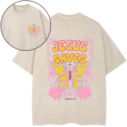 Jesus Saves Butterfly Retro Christian Washed T-Shirt