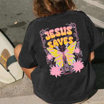 Jesus Saves Butterfly Retro Christian Washed T-Shirt
