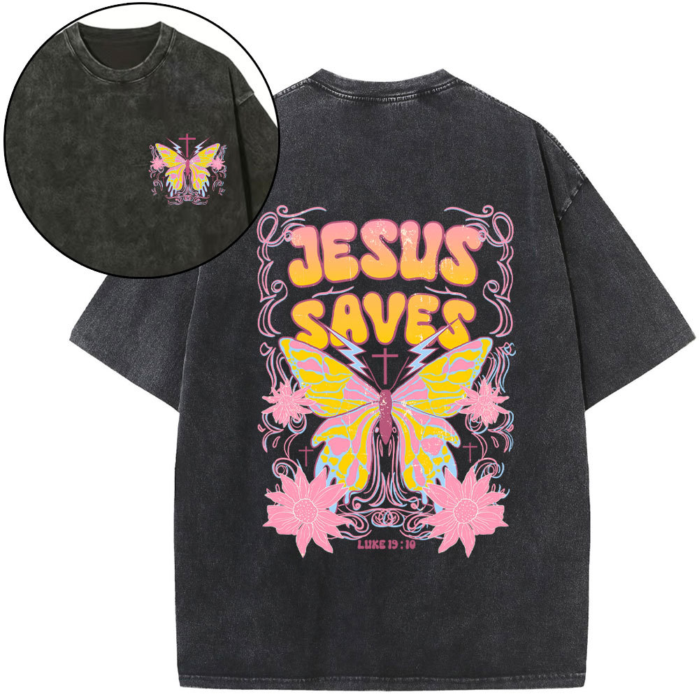 Jesus Saves Butterfly Retro Christian Washed T-Shirt