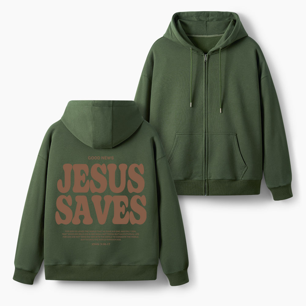Jesus Saves Christian Fleece-Lined Full-Zip Hoodie